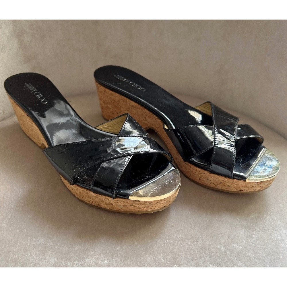 Jimmy Choo Black Patent Leather Platform Sandal Cork Wedges, Gold Toe, Size 37/7